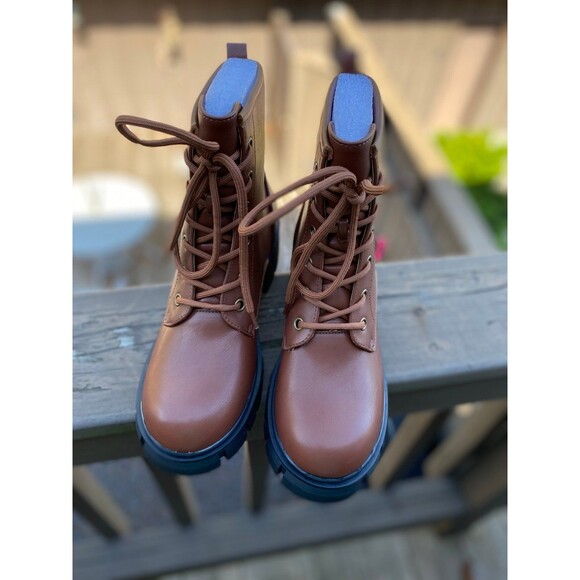 IDIFU Brown Chunky Combat Boots Women’s 7 Lace-Up Ankle Winter Boots NIB Workwea - Picture 1 of 12